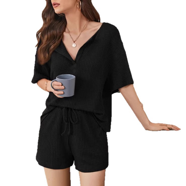 Women's Waffle Knit Short Sleeve Shorts Lounge Set Solid Color