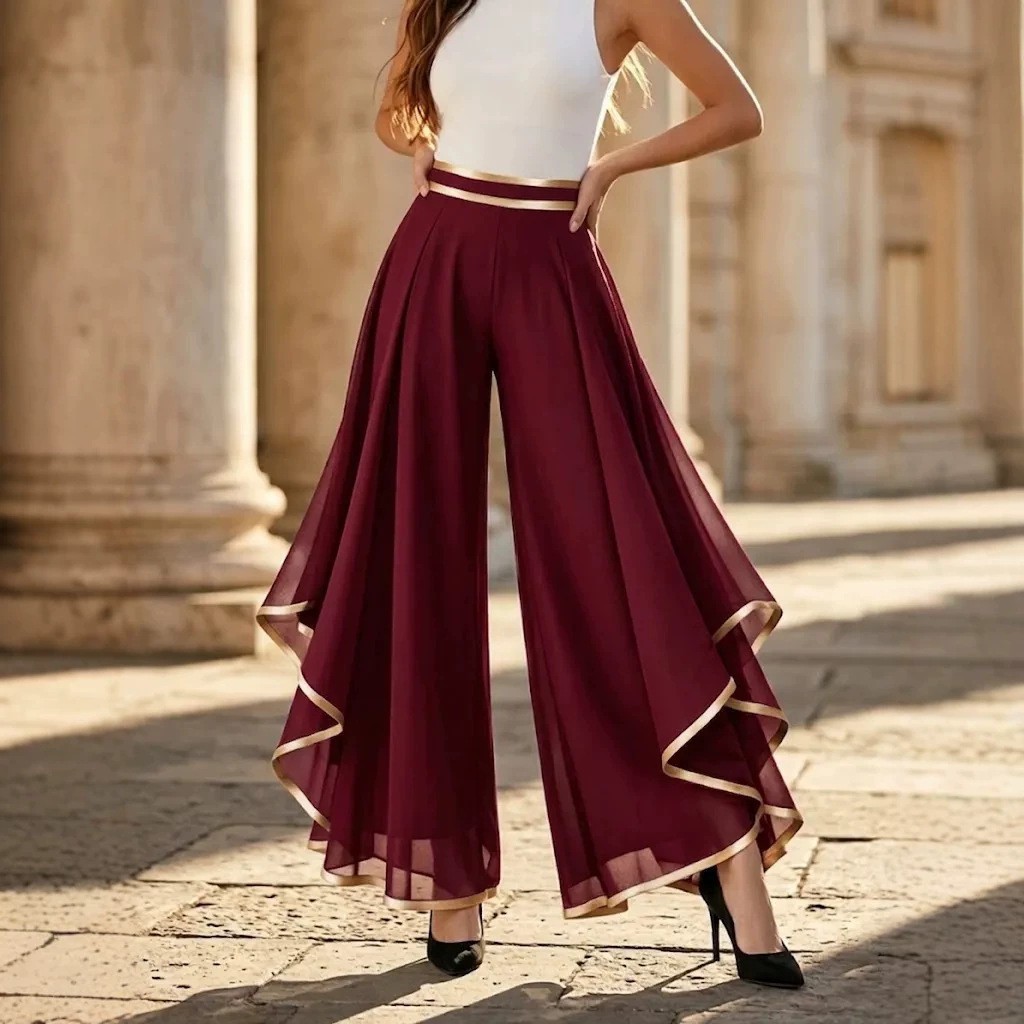 Women's High-Waist Layered Chiffon Wide-Leg Pants with Contrast Piping