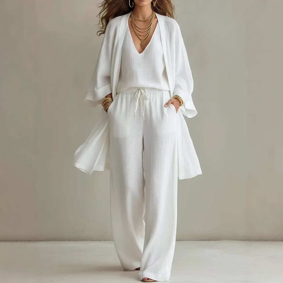 Women's 3-Piece Loose Cami Wide-Leg Pants and Cardigan Set