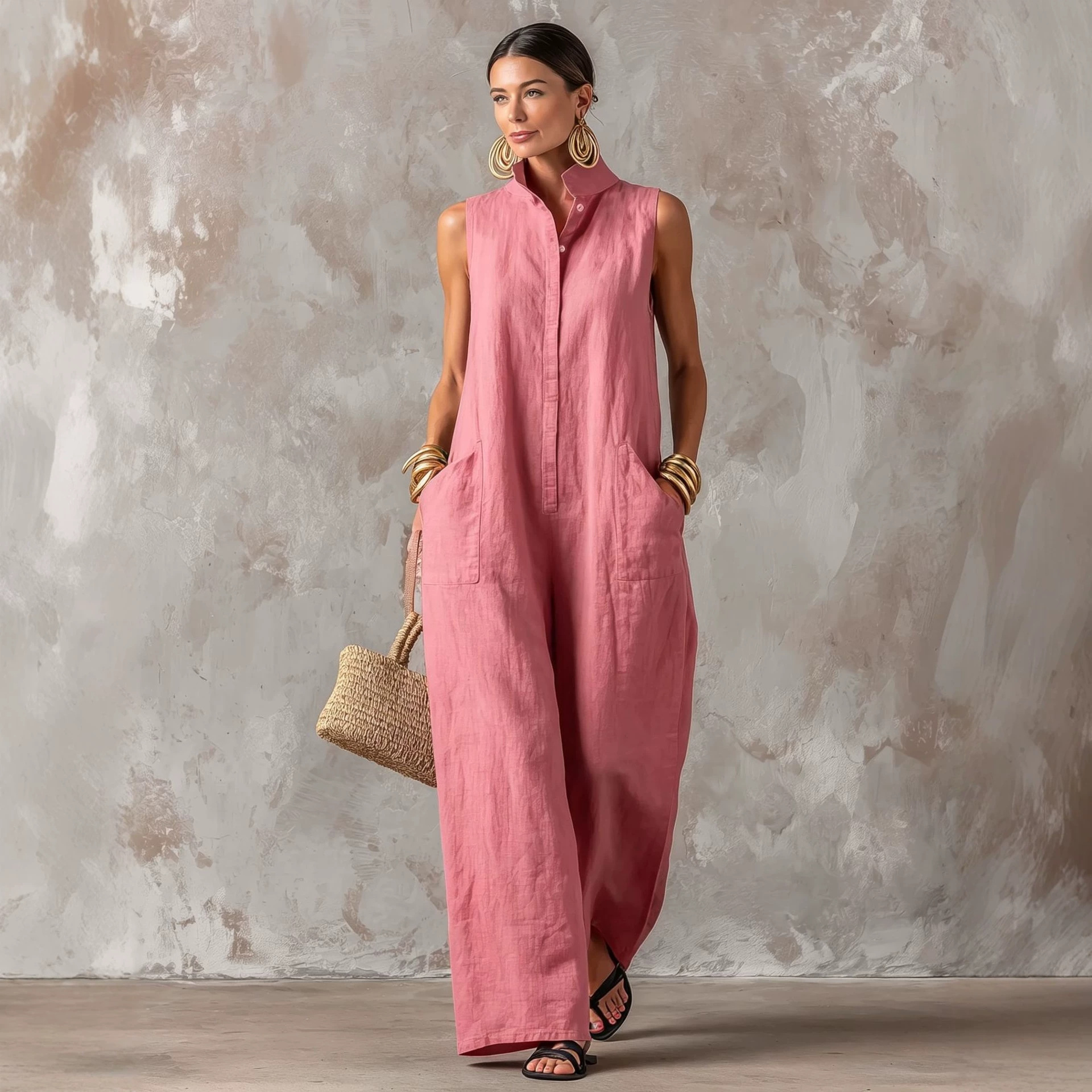Women's Linen-Blend Sleeveless Jumpsuit with Stand Collar, Button Front, Loose Fit, Vacation Style