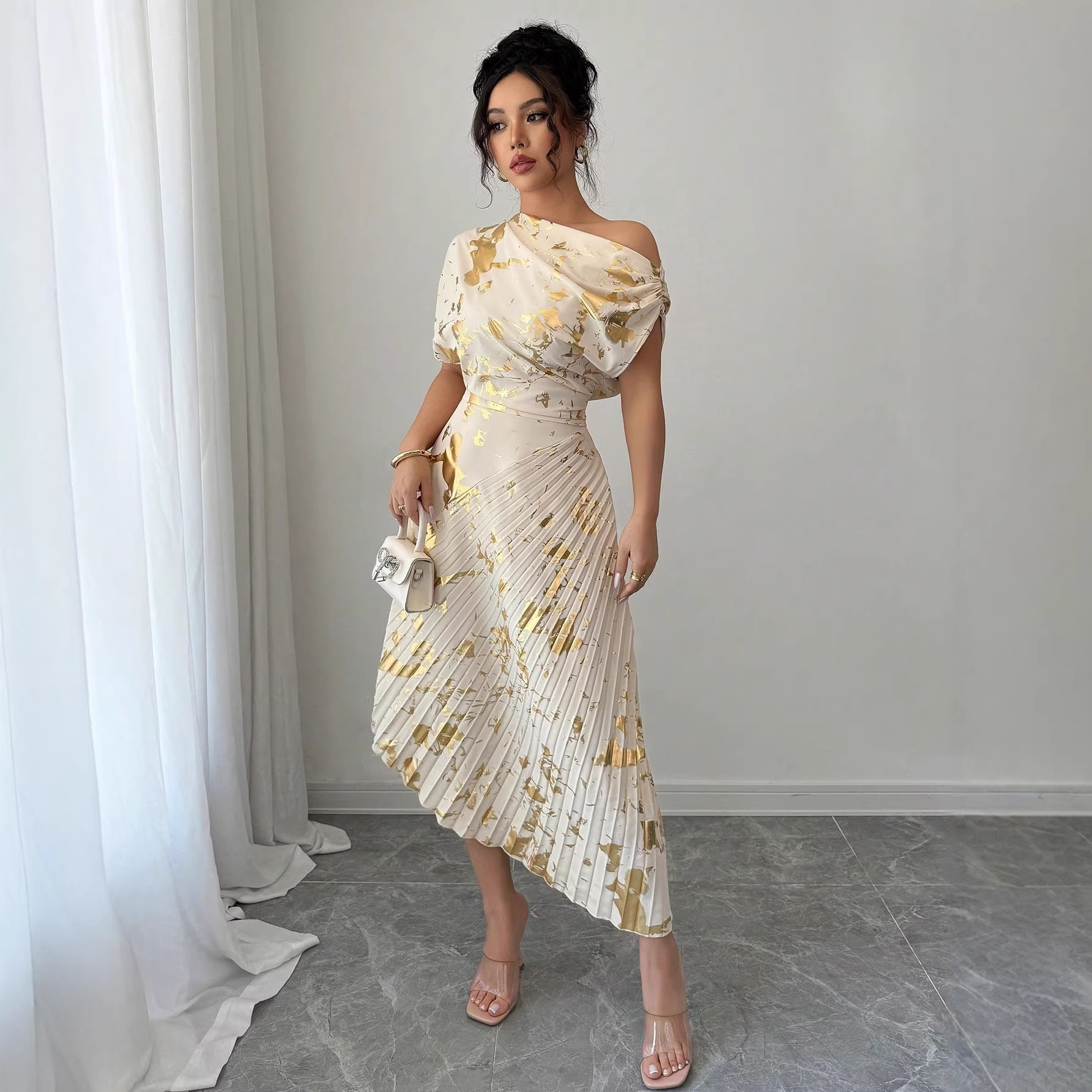 Women's One-Shoulder Dress with Gold Foil Floral Print, Short Sleeve, Cinched Waist, Asymmetric Pleated Midi