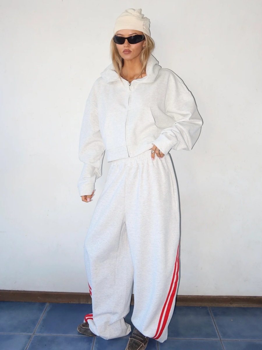 American Retro Striped Two-Piece Set: Cropped Zip Hoodie & Wide-Leg Pants