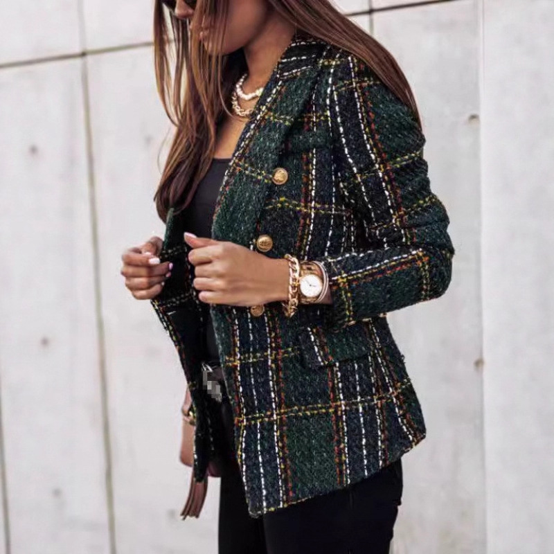 Women's Long Sleeve Double-Breasted Blazer with Suit Collar and Print