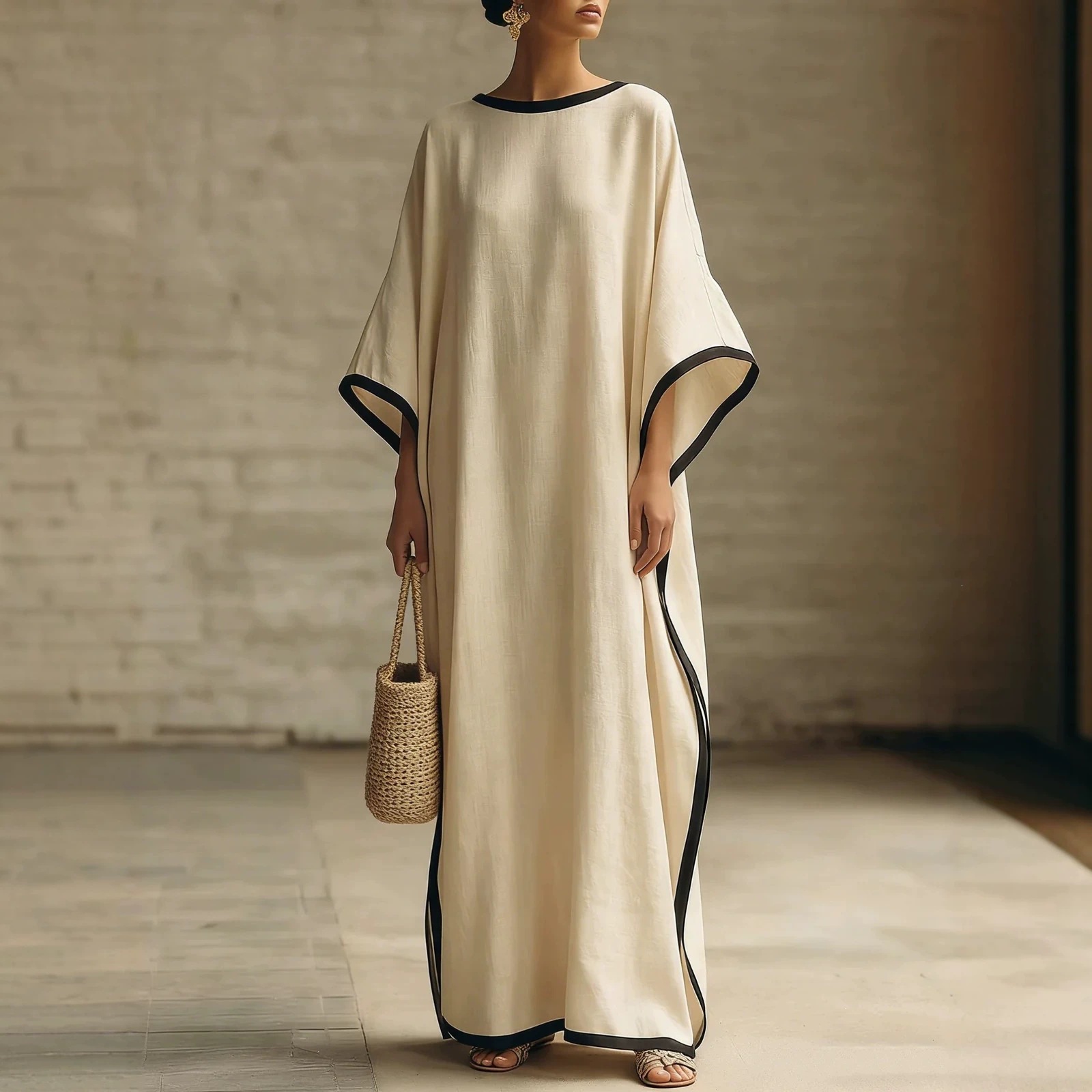 Women's Vintage Round Neck Batwing Sleeve Long Dress