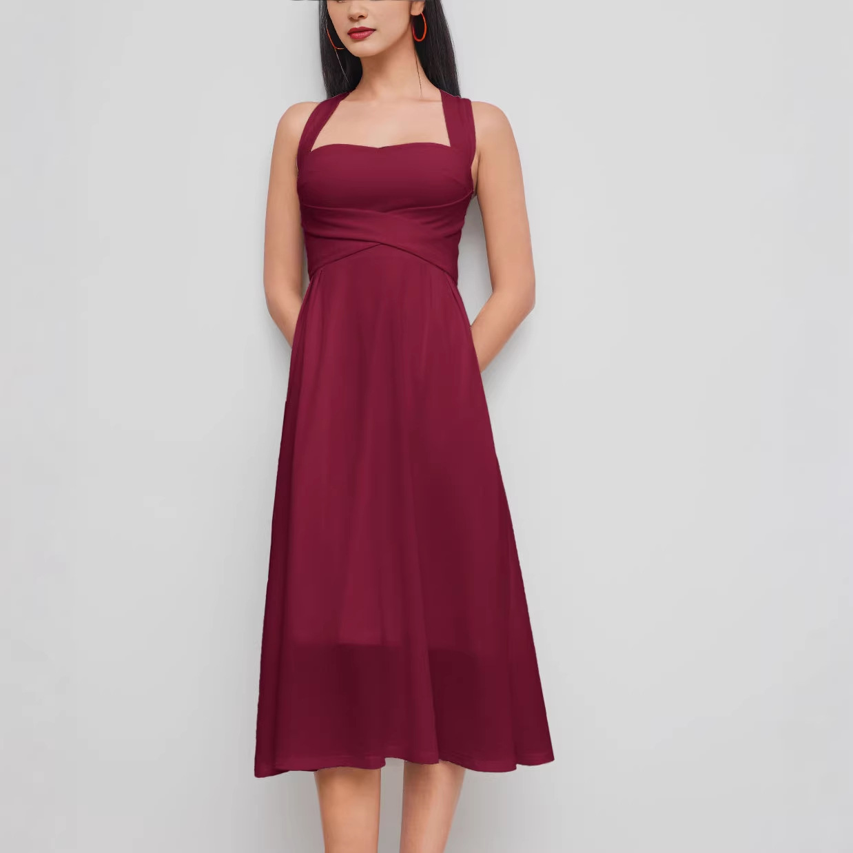 French Square-Neck Sleeveless A-Line Midi Dress
