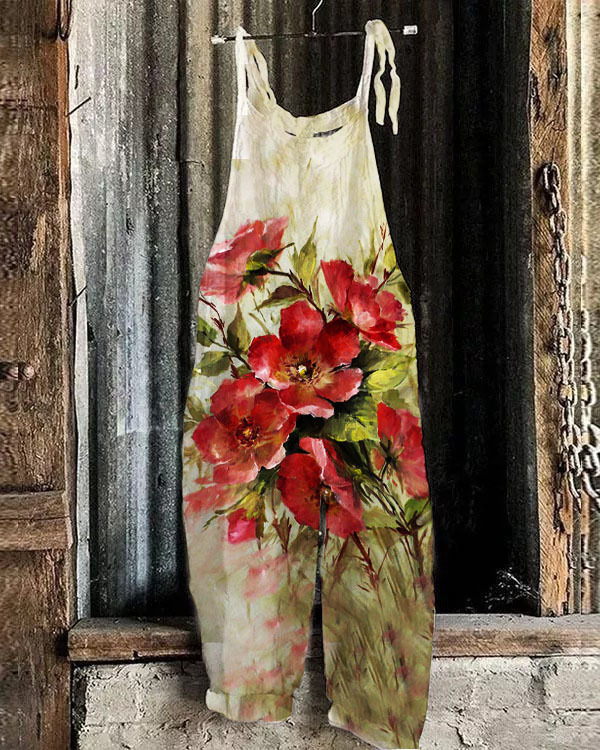 Women's Printed Cotton-Linen Cami Jumpsuit Sleeveless Wide-Leg Beach Romper