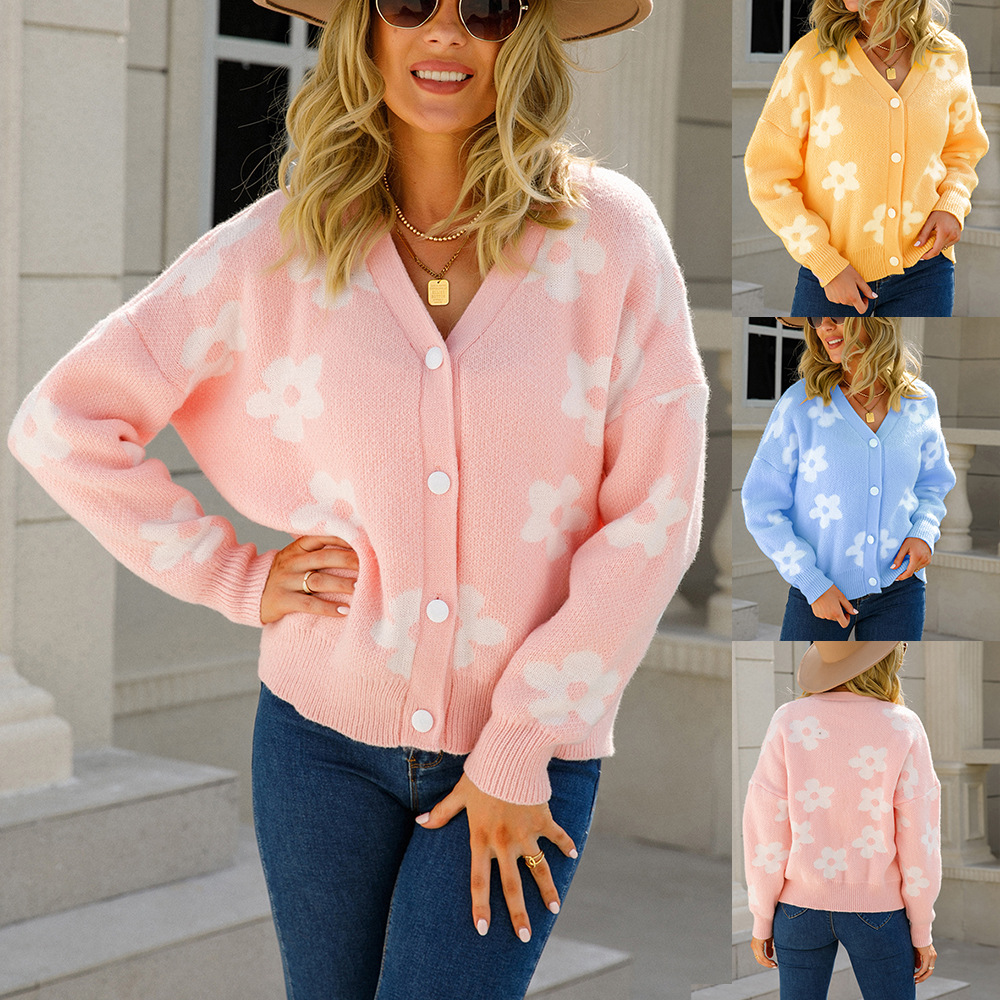 Knit Floral Cardigan Sweater Coat Women's Plus Size V-Neck Long Sleeve