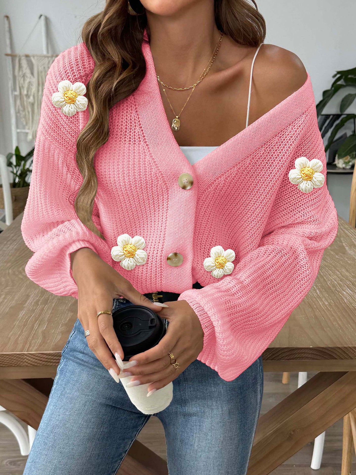 Women's Cropped Cardigan Sweater with Hand-Crochet Floral Appliqué and Button Front
