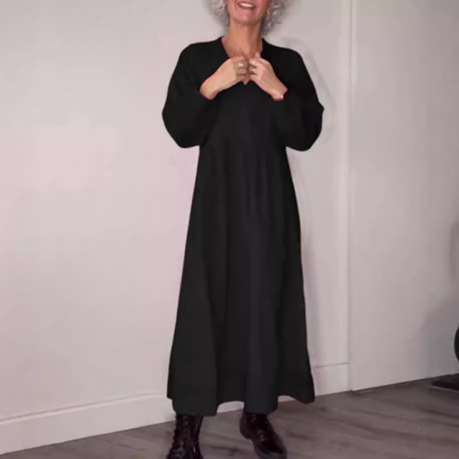 Solid V-Neck Long Sleeve Pocket Maxi Dress