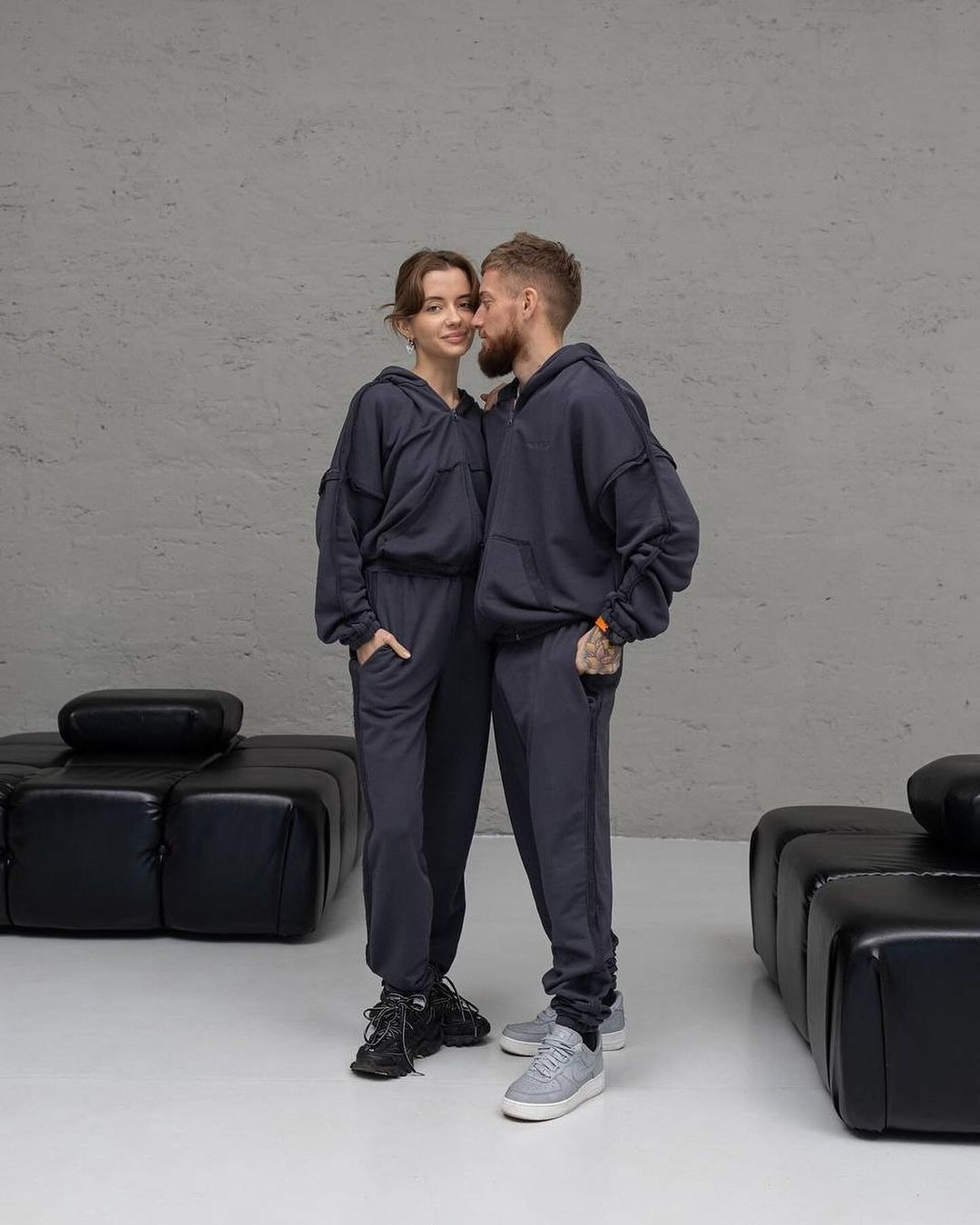 Solid Color Hooded Sweatshirt and Pants Set for Couples