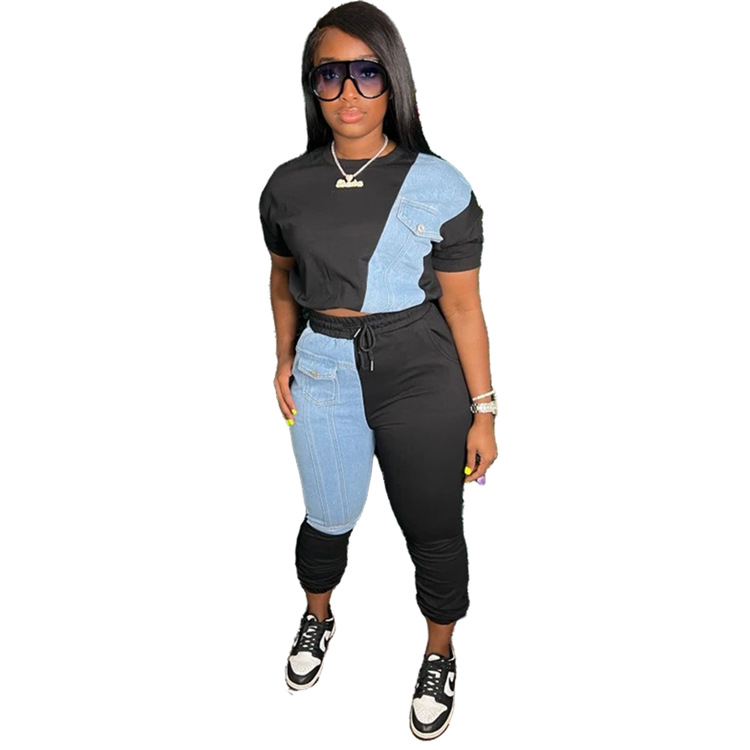 Women's Colorblock Hoodie & Denim Pants Two-Piece Set