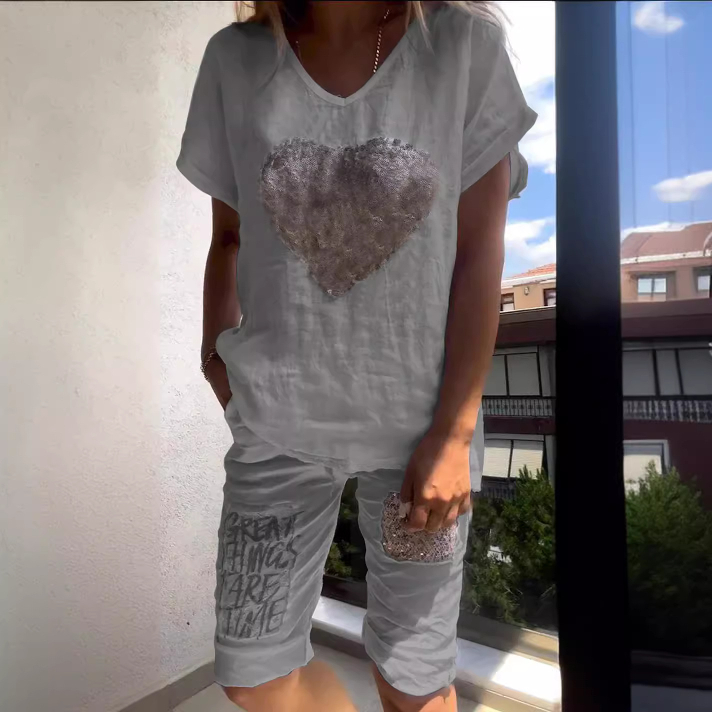 Women's Casual Loose Heart Sequin Cotton-Linen Two-Piece Set