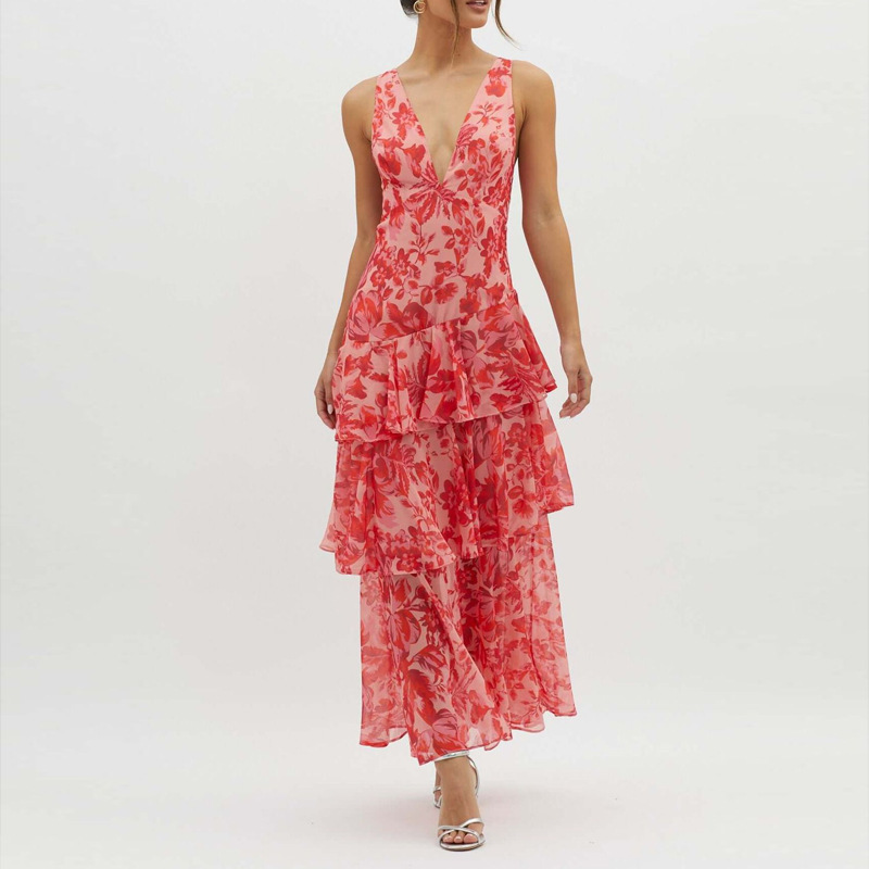 Elegant Floral Print V-Neck Sleeveless Open-Back Midi Dress