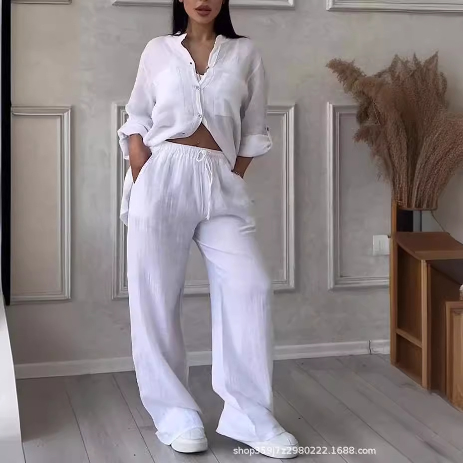 Cotton-Linen Solid Shirt & Drawstring Wide-Leg Pants Set