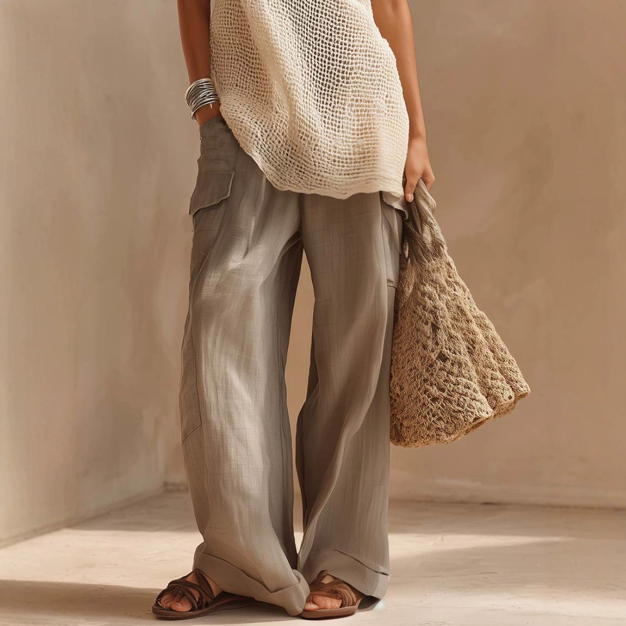 One-Shoulder Cutout Knit Top with Gray Tank and Cotton-Linen Jumpsuit Two-Piece Set
