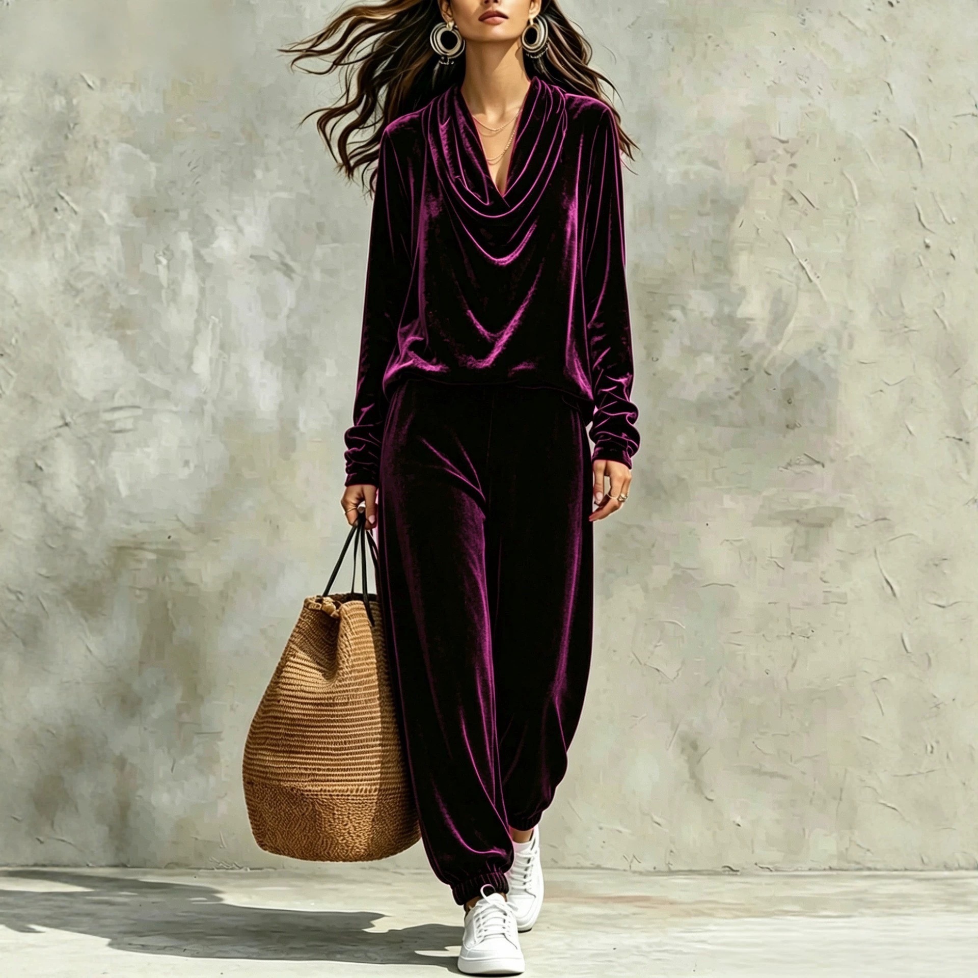 Women's Casual Cowl Neck Long Sleeve Top and Jogger Pants Set