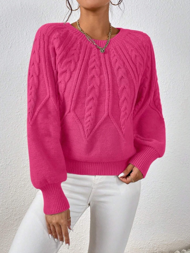 Women's Cable Knit Crewneck Pullover Sweater Solid Color Casual Top