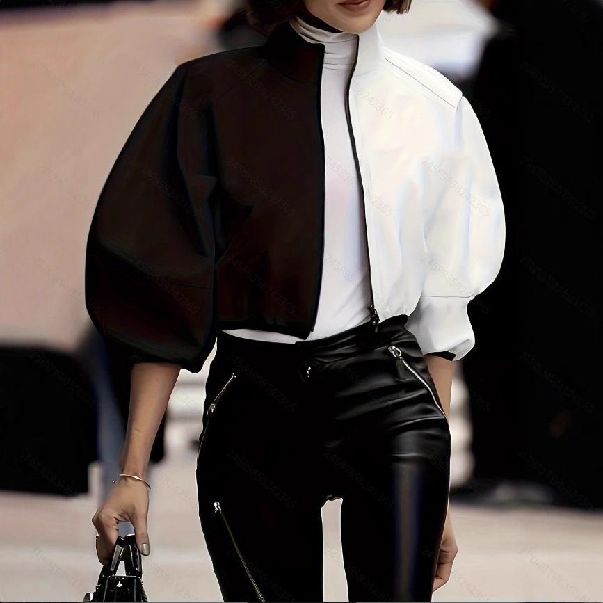 Women's Full-Zip Cropped Jacket with Puff Sleeves and Stand Collar