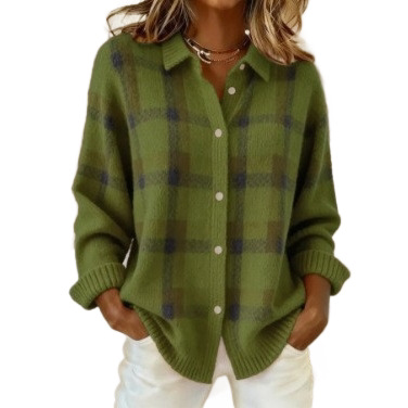 Women's Plaid Long Sleeve Collared Cardigan Sweater