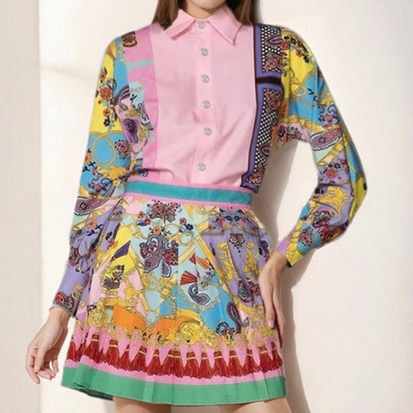 Women's Printed Long-Sleeve Shirt and Pleated Skirt Two-Piece Set