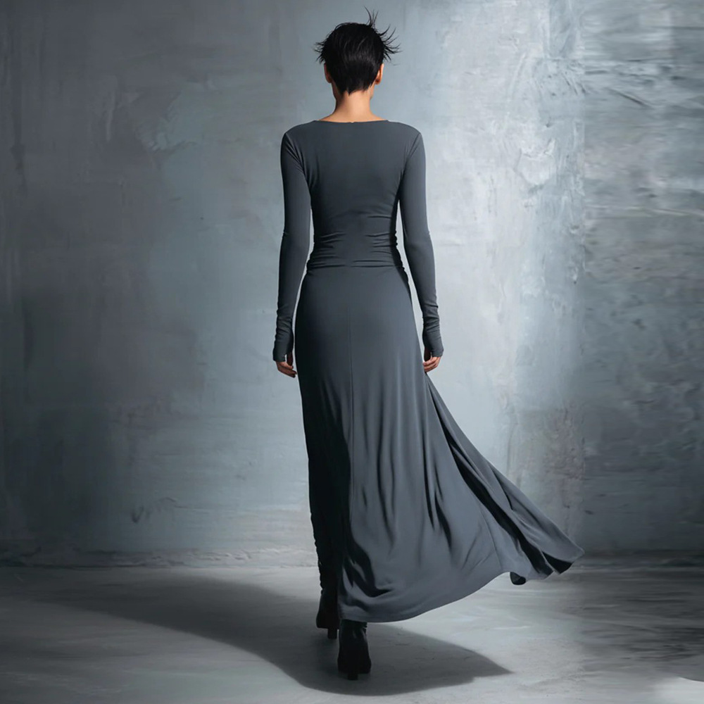 Women's Solid Wrap Long Sleeve Maxi Dress with Knot Detail