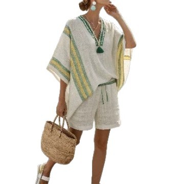 Printed V-Neck T-Shirt and Shorts Set with Faux Linen Look, Relaxed Fit