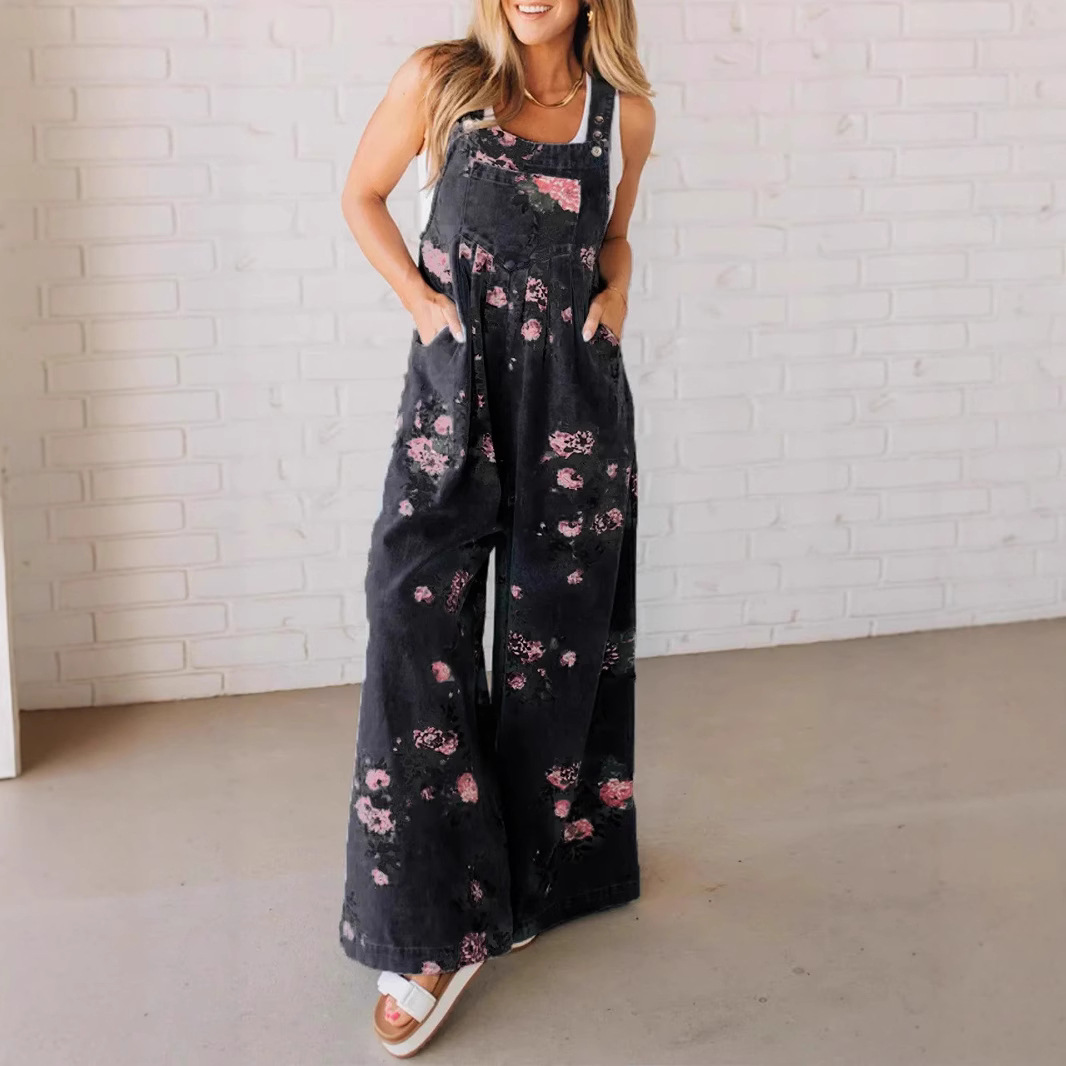 Floral Print Denim Sleeveless Jumpsuit with Pockets