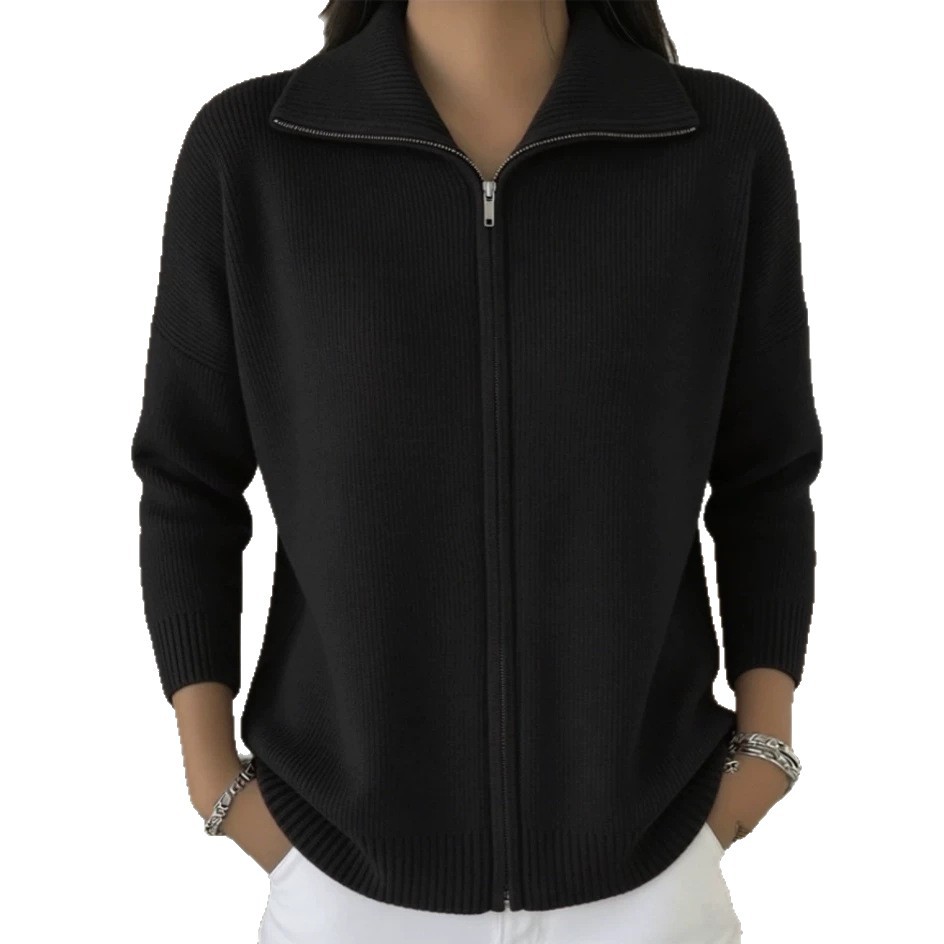 Women's Zip-Up Knit Cardigan Sweater with Collar, Solid Color Casual