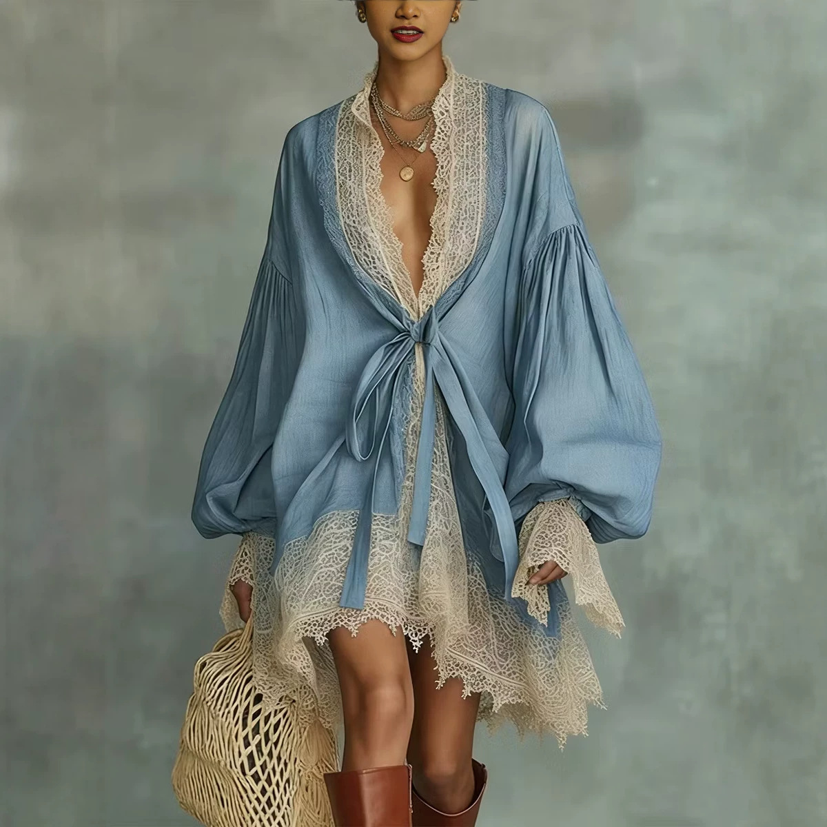 V-Neck Bubble Sleeve Lace-Up Midi Dress