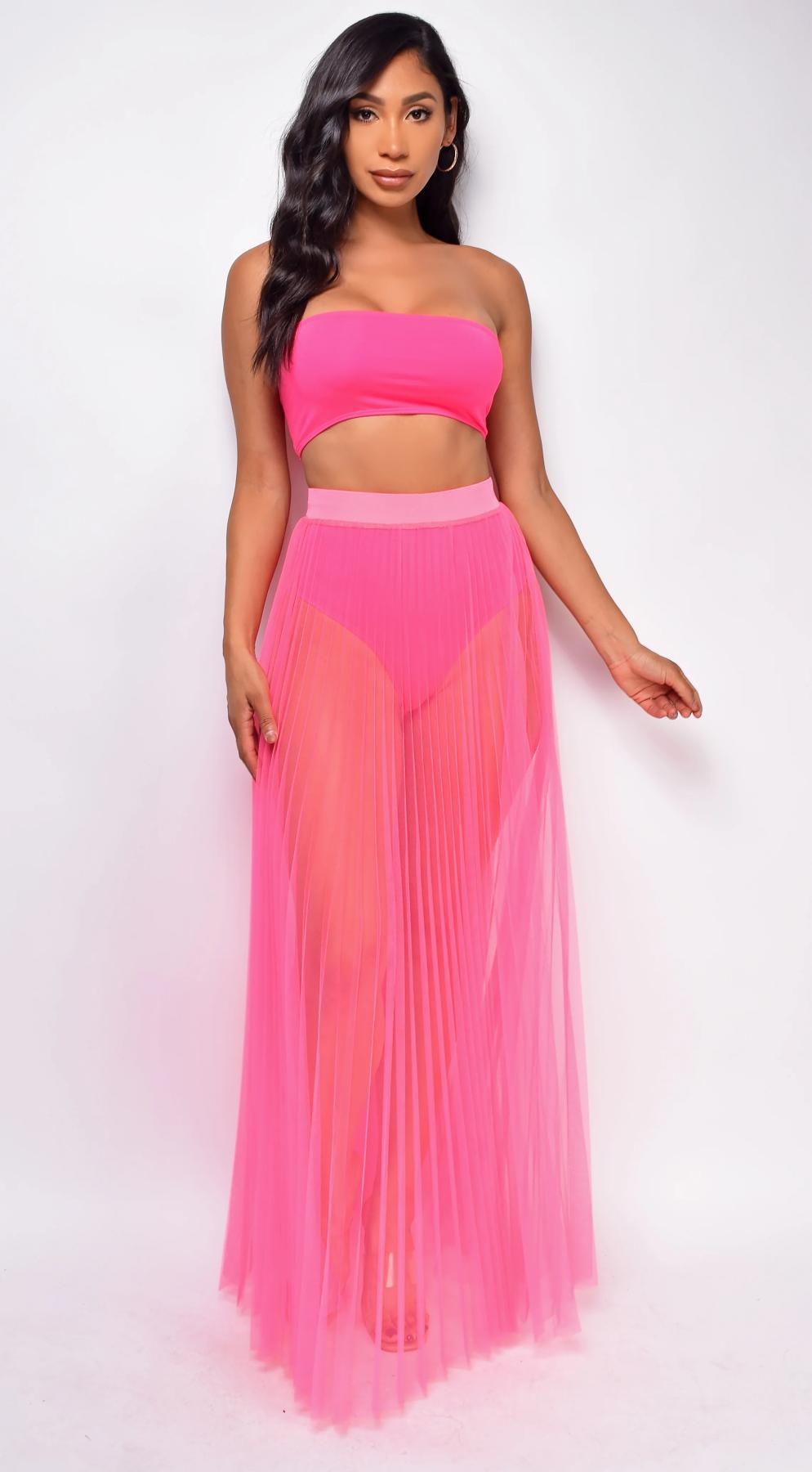 Women's Sheer Mesh Pleated Long Dress Bandeau Removable Pads 3-Piece Swimwear Set