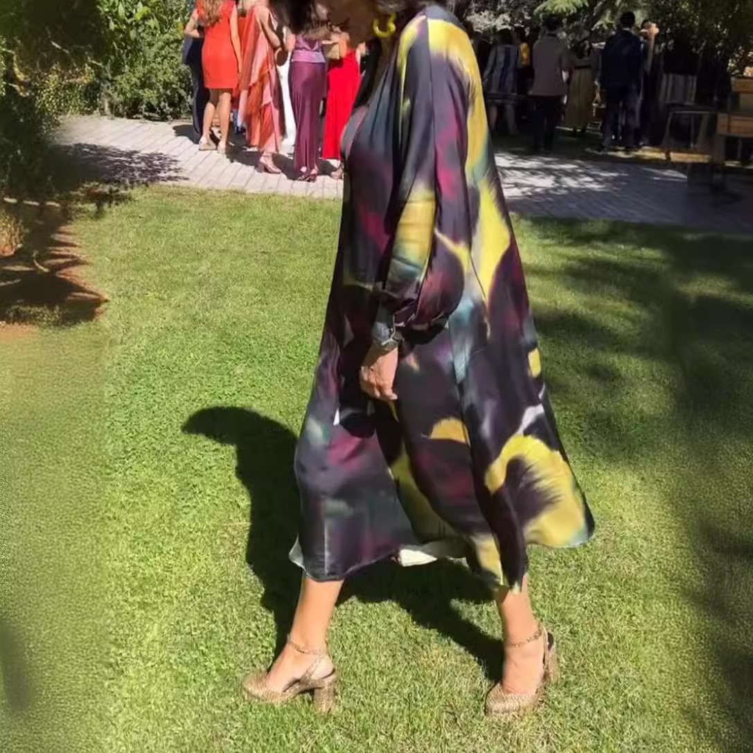 Women's Color-Block Print Deep V-Neck Long Sleeve Maxi Dress