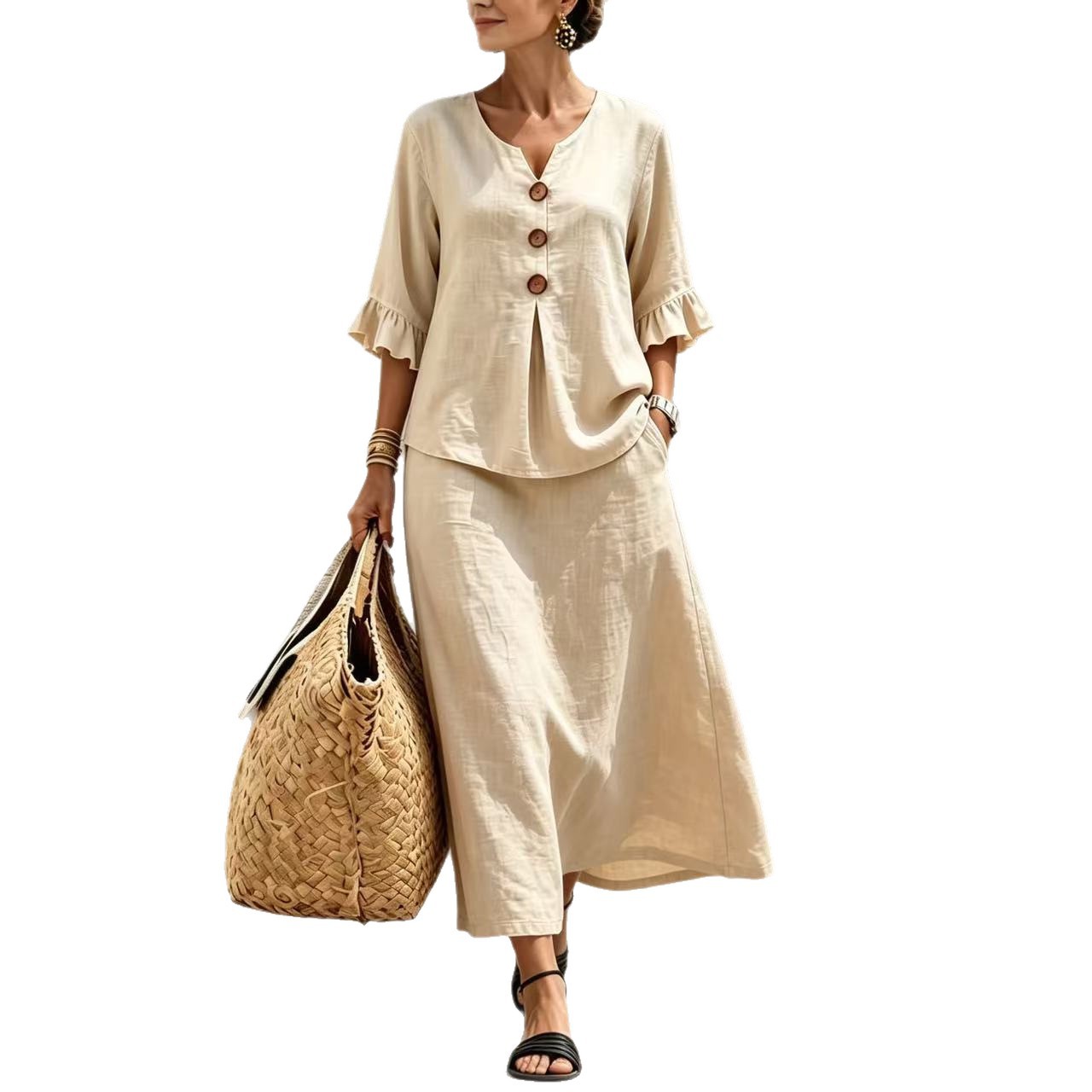 Women's Solid Button V-Neck Ruffle Three-Quarter Sleeve Top and Skirt Set
