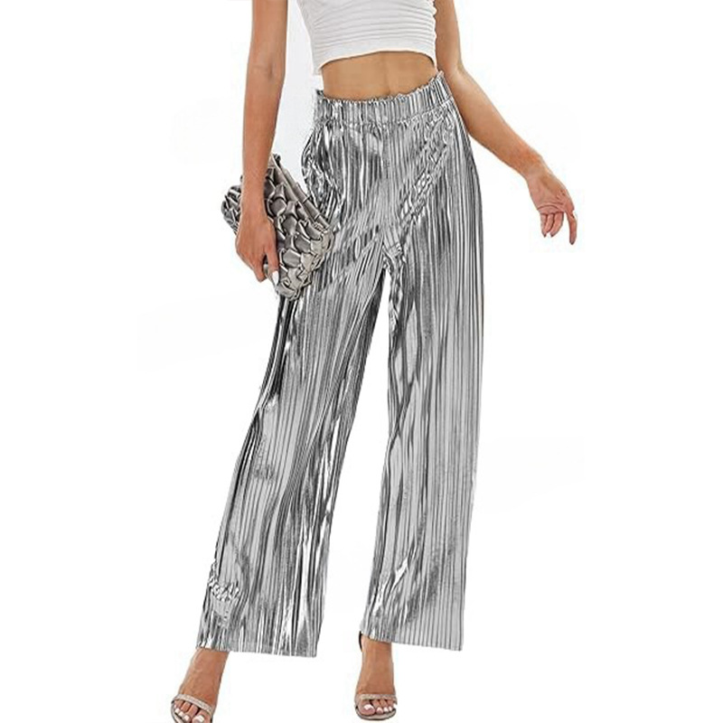 Shiny Pleated High-Waist Wide-Leg Party Pants