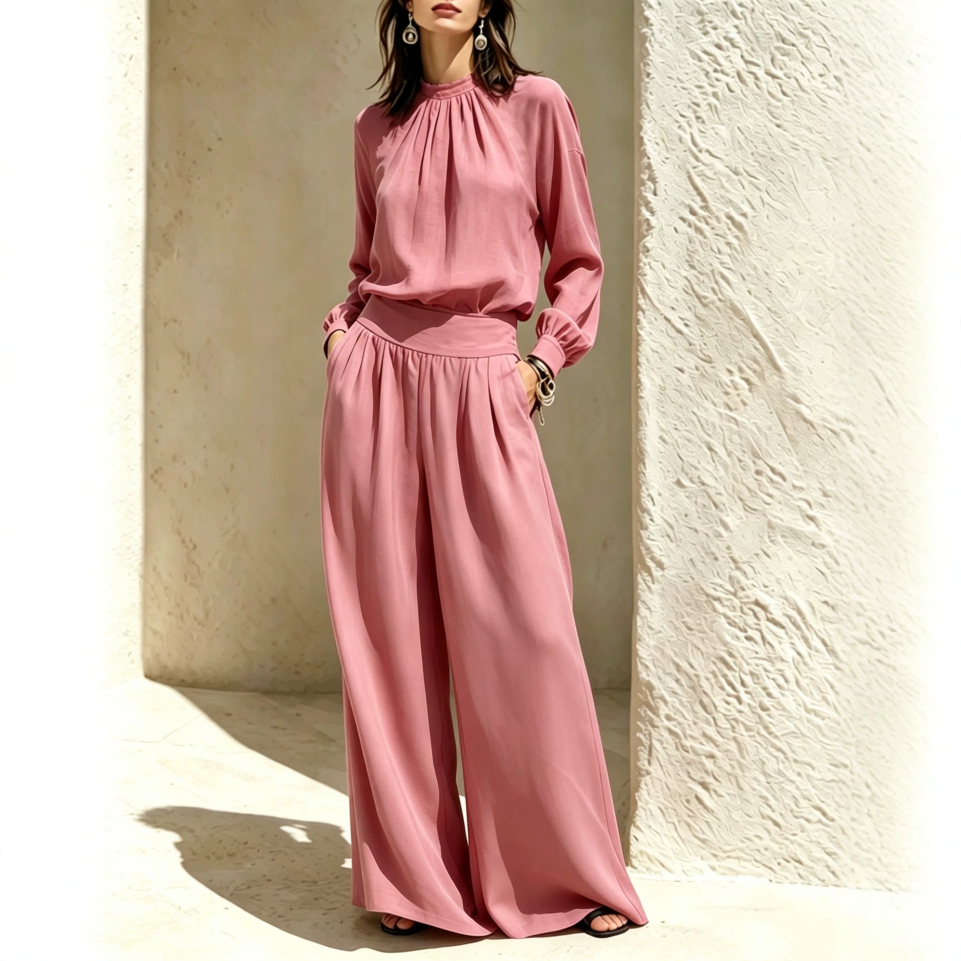 Women's Stand Collar Loose Top and Wide-Leg Pants Set