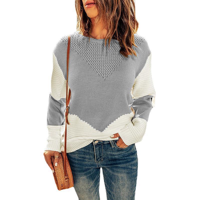 Women's Color-Block Crewneck Knit Sweater Long-Sleeve Pullover