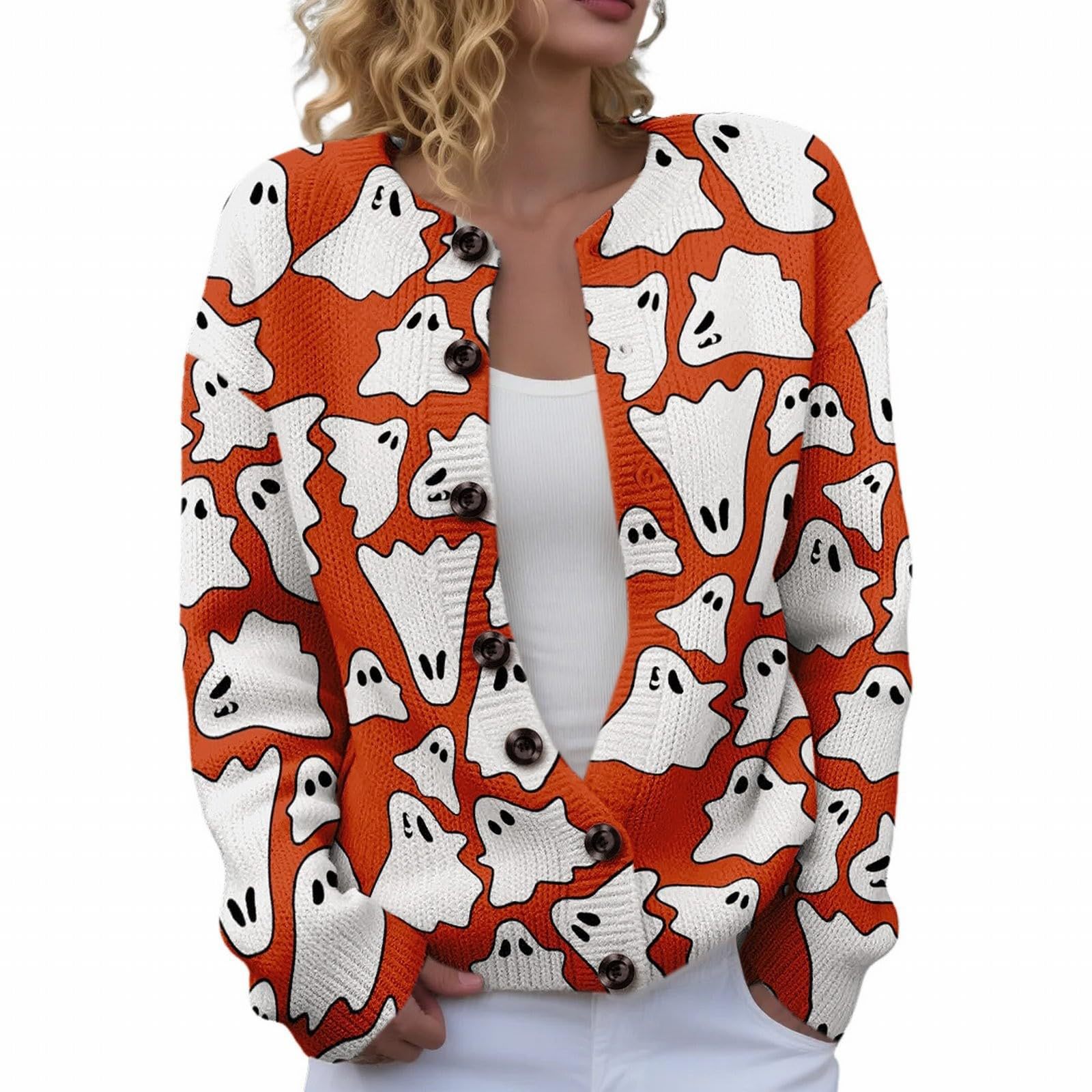 Women's Halloween Ghost Pumpkin Print Button Cardigan Sweater