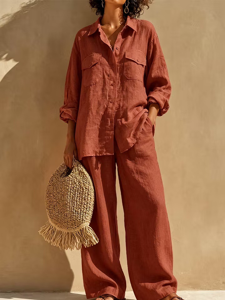 Women's Solid Linen-Blend Long-Sleeve Button-Down Shirt and Wide-Leg Pants Set with Pockets