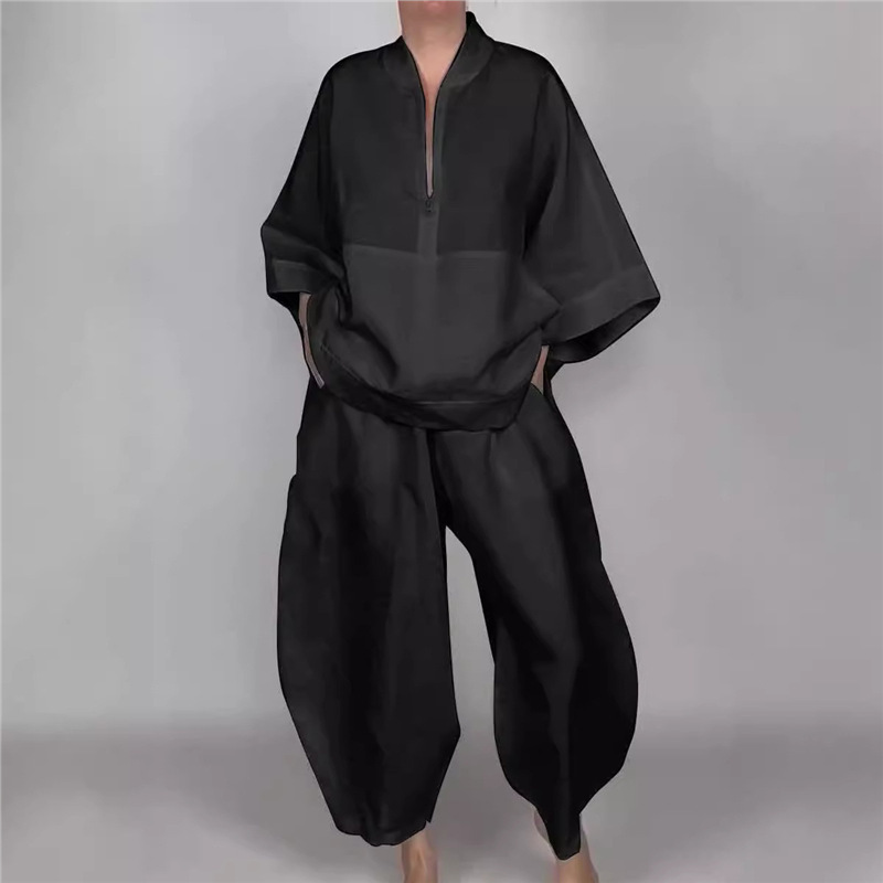 Relaxed Solid Half-Zip Top and Bloomer Pants Set