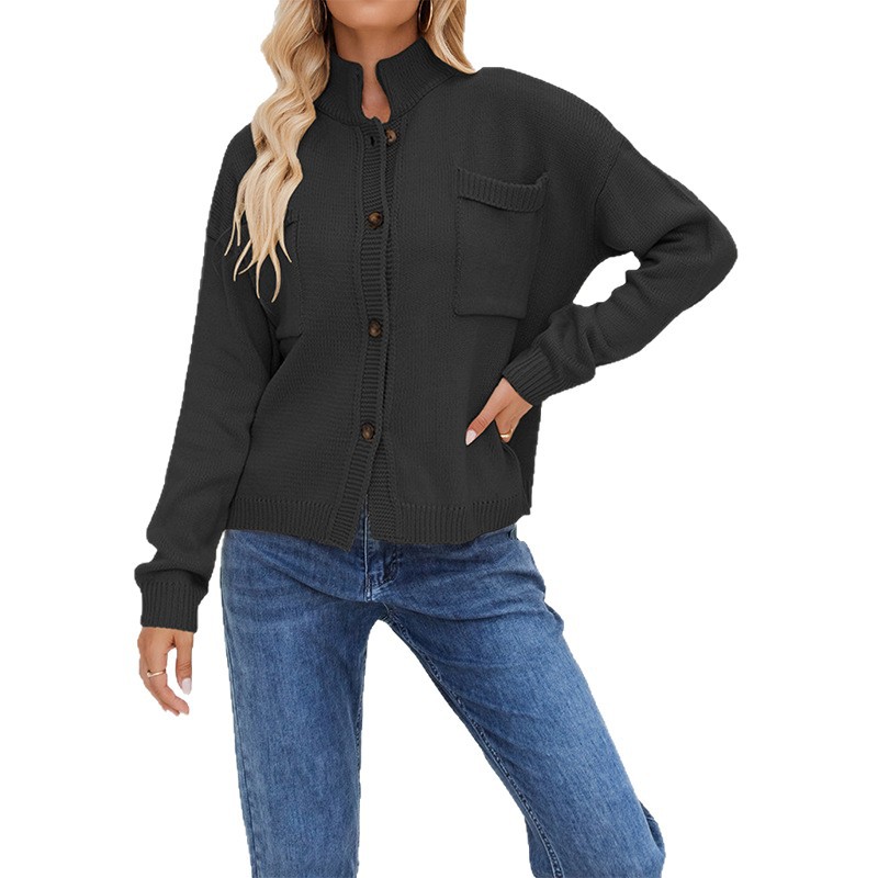 Women's Knit Stand Collar Cardigan Sweater Plus Size Solid Color