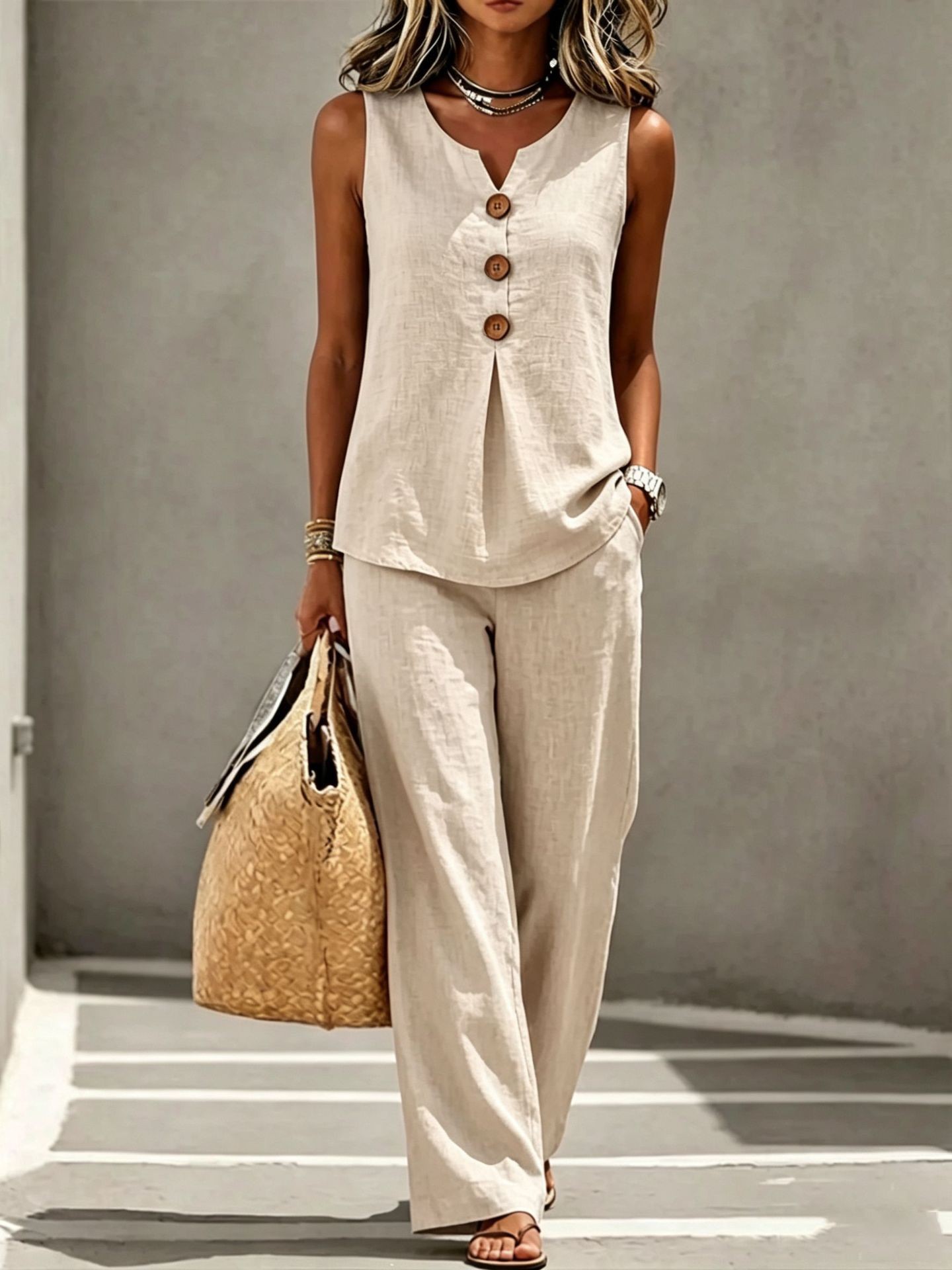 Women's Sleeveless Button-Down Top and Pants Two-Piece Set