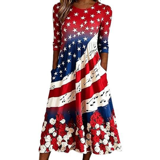 Women's Star Print Pleated Midi Dress Short Sleeve Crew Neck Slim Fit