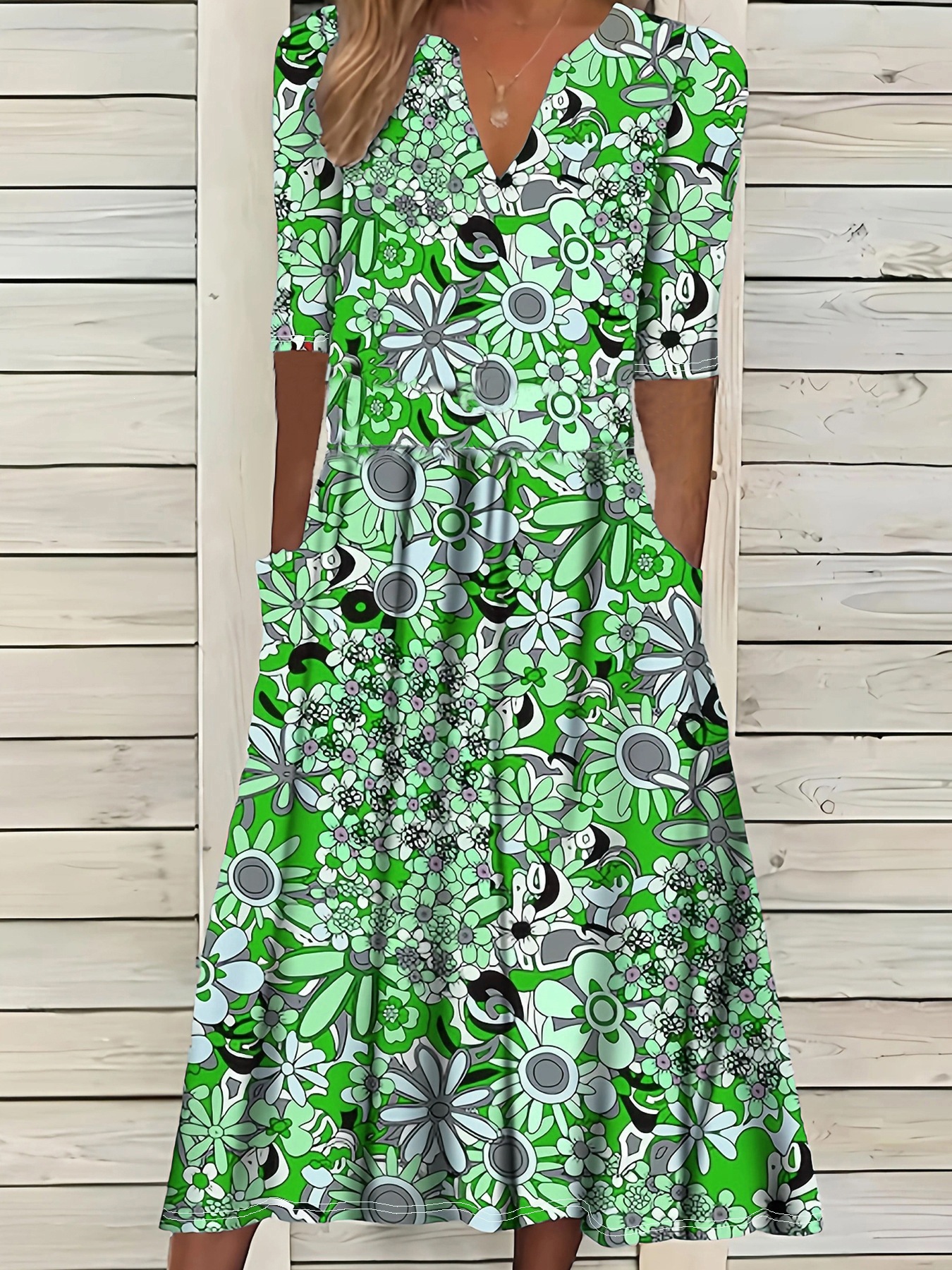 Vintage Daisy Floral Midi Dress Deep V-Neck Three-Quarter Sleeve Loose Fit