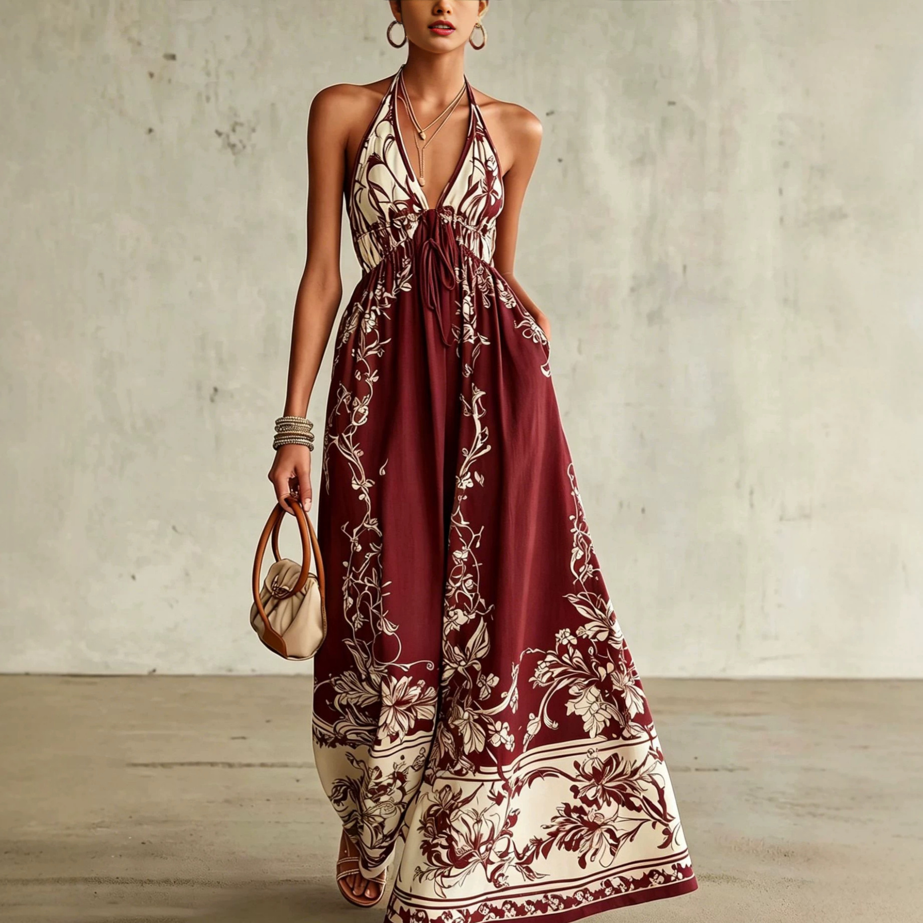 Bohemian V-Neck Sleeveless Maxi Dress Floral Print Beach Vacation