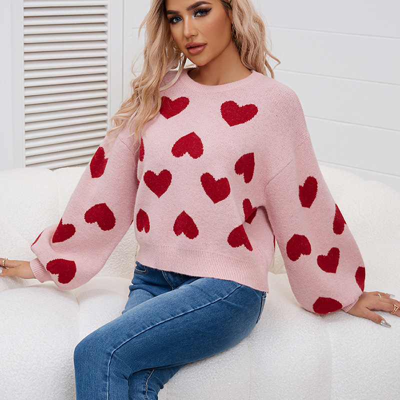 Puff Sleeve Heart Jacquard Pullover Sweater