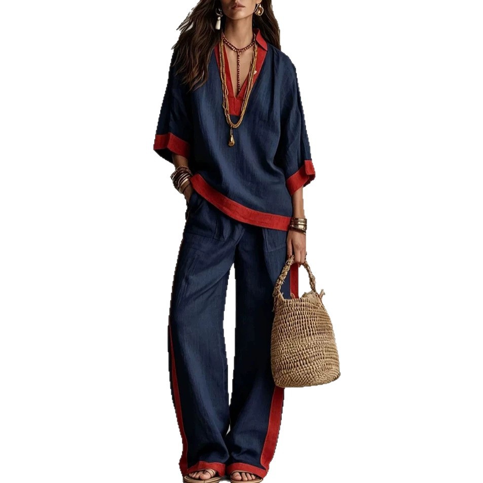Color-Block Linen Blend Lounge Set – V-Neck Top & Wide-Leg Pants