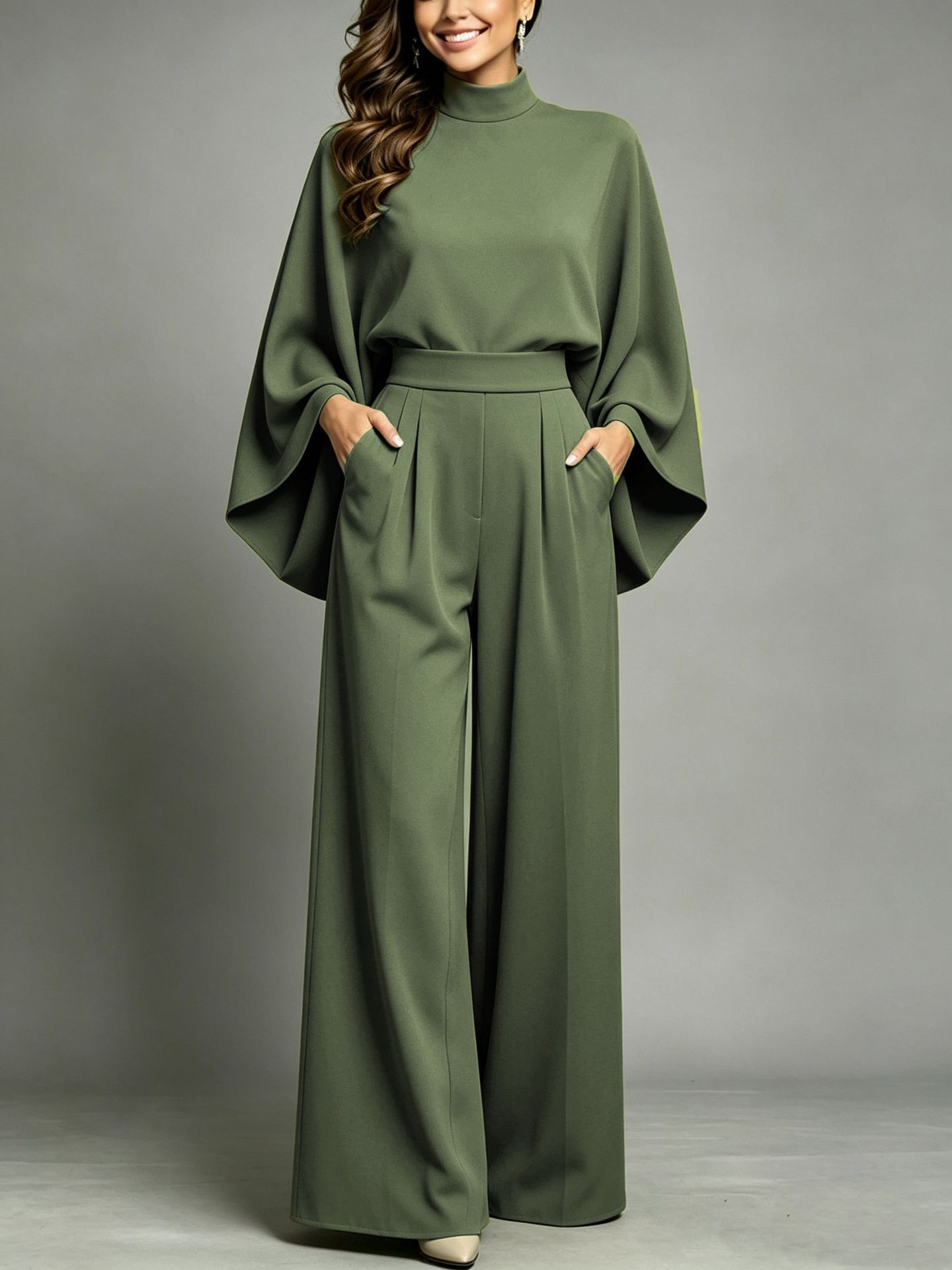Women's Half-Turtleneck Wide-Leg Two-Piece Set, Long-Sleeve Knit Top and Pants, Loose Fit