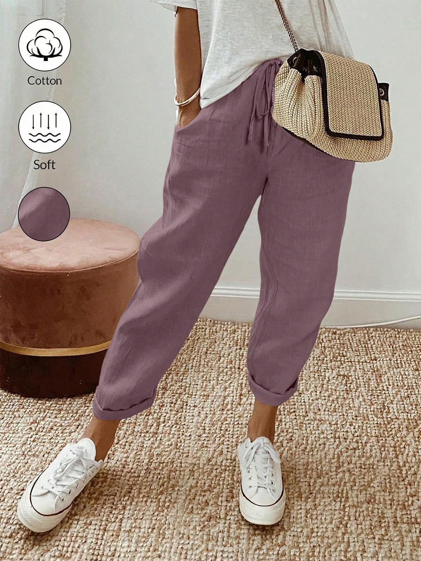 Women's Cotton Linen Cropped Pants with Pockets and Elastic Waist, Loose Casual