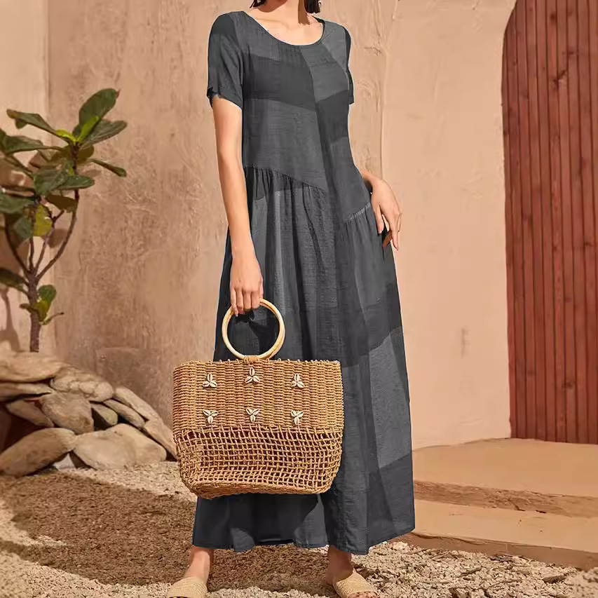 Retro Plaid Print Patchwork Loose Waist Long Dress