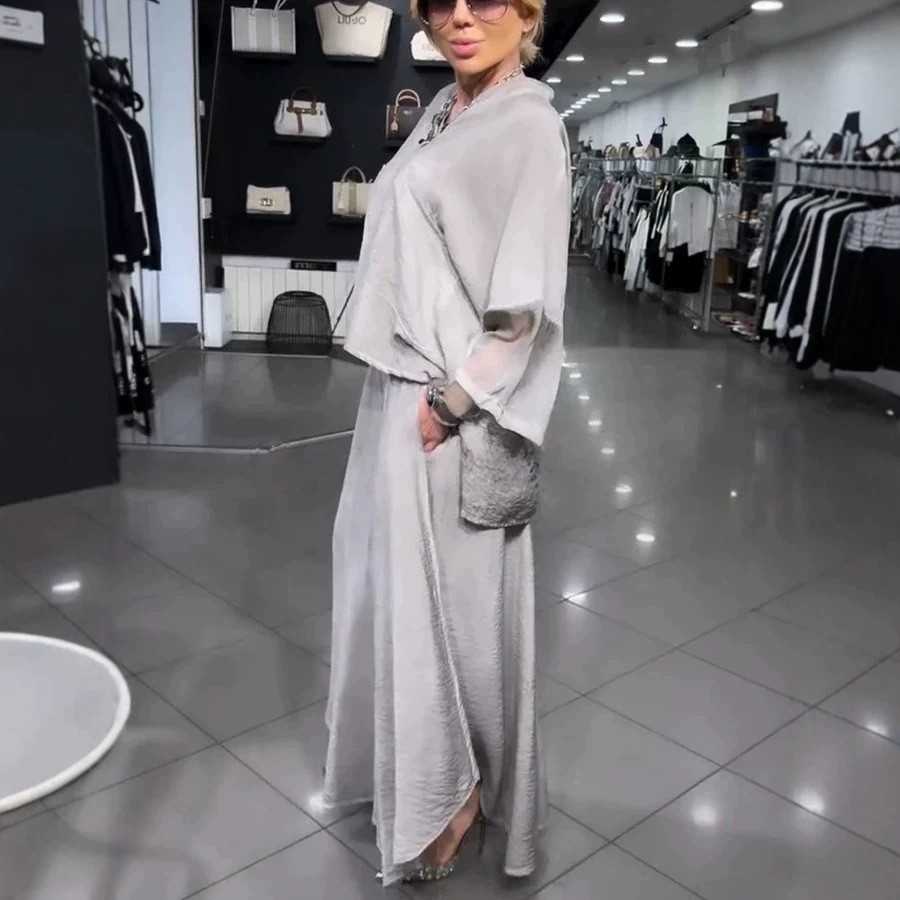 Women's Casual Loose Cotton-Linen Spliced Chiffon V-Neck Long-Sleeve Two-Piece Set