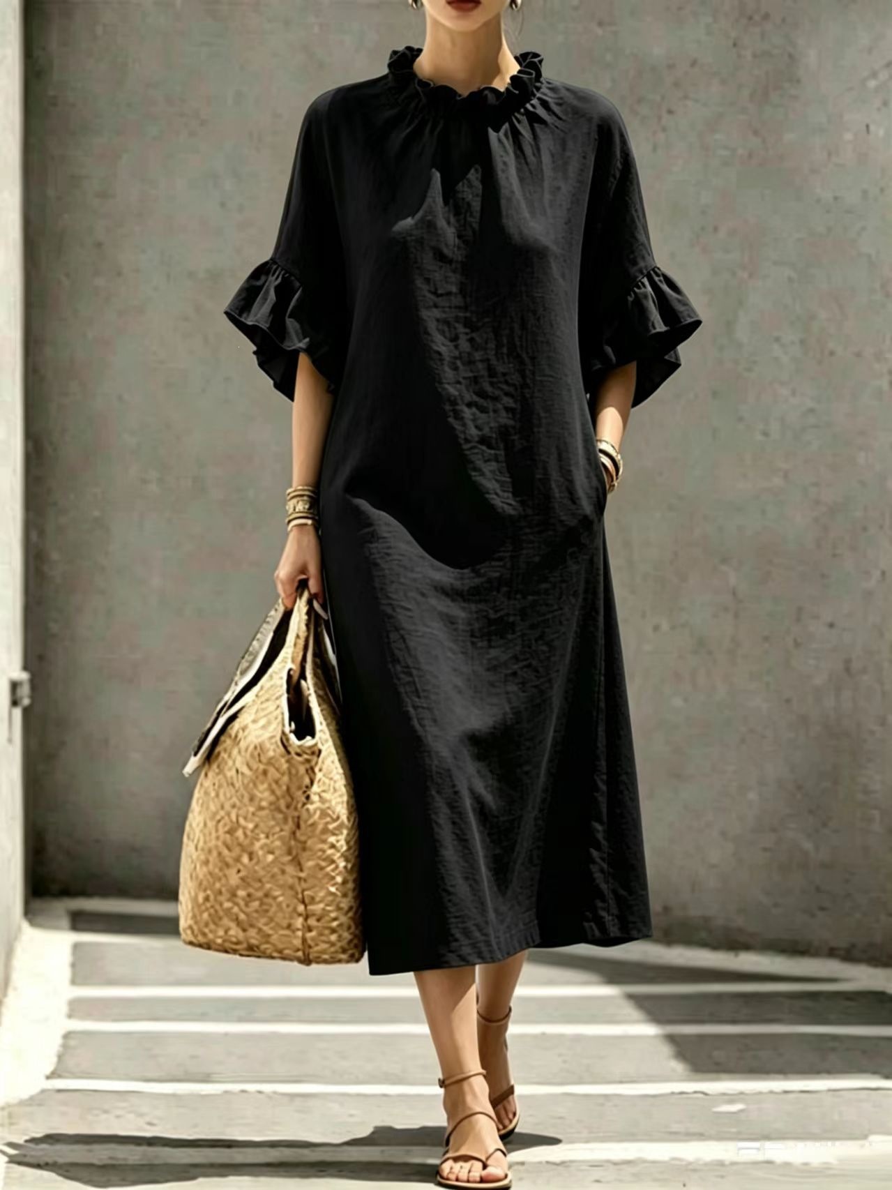 Women's Casual Midi Dress with Ruffle Trim and Geometric Print